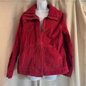 EDDIE BAUER Corduroy Chore Jacket Red Collared Zip Button Front Pockets Women L‎